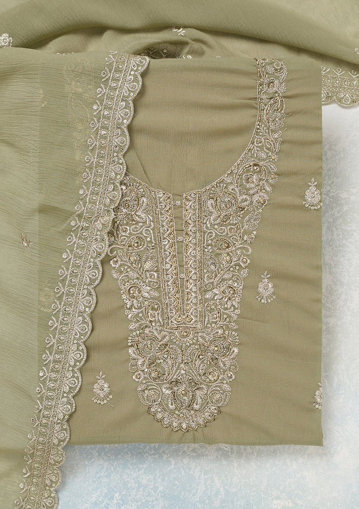 Pista Green Zariwork (Gold) Chinon Unstitched Salwar Suit
