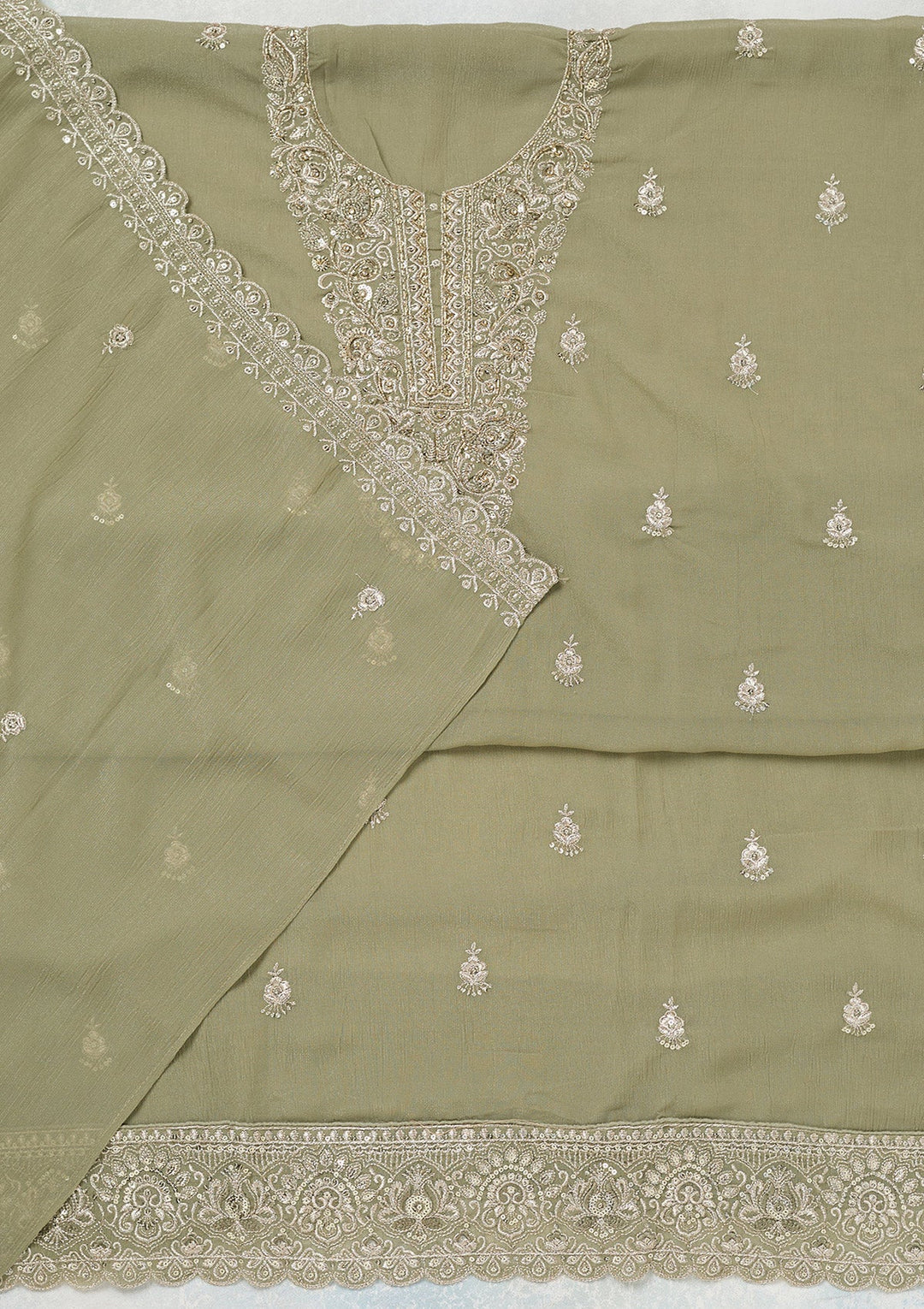 Pista Green Zariwork (Gold) Chinon Unstitched Salwar Suit