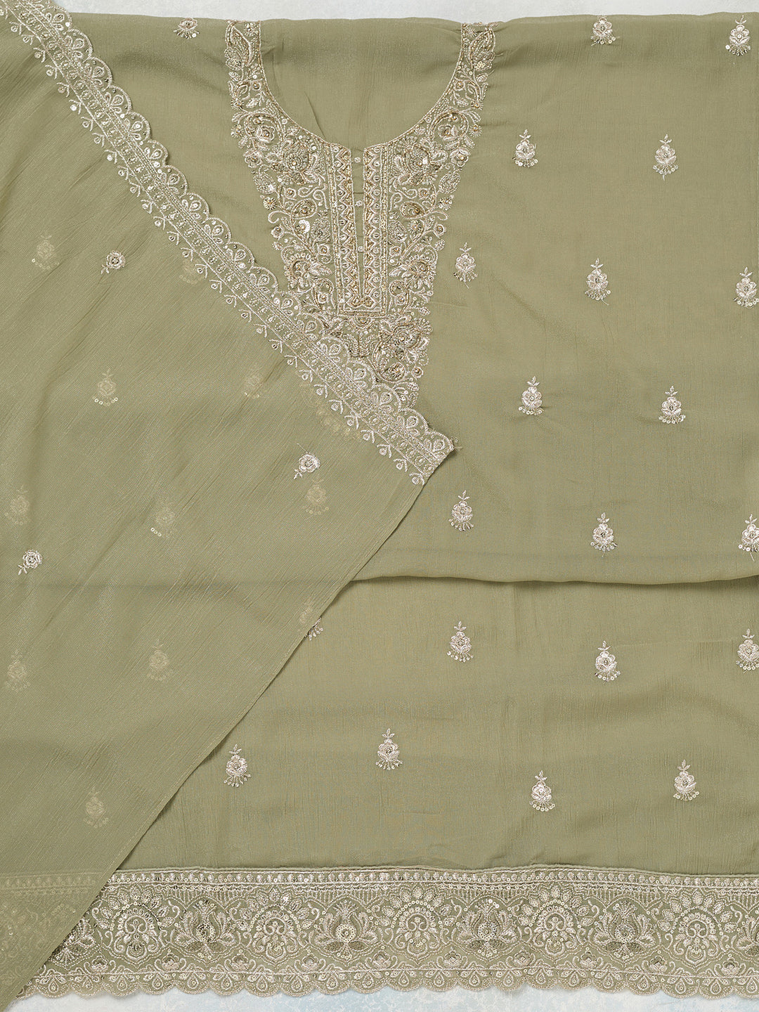 Pista Green Zariwork (Gold) Chinon Unstitched Salwar Suit