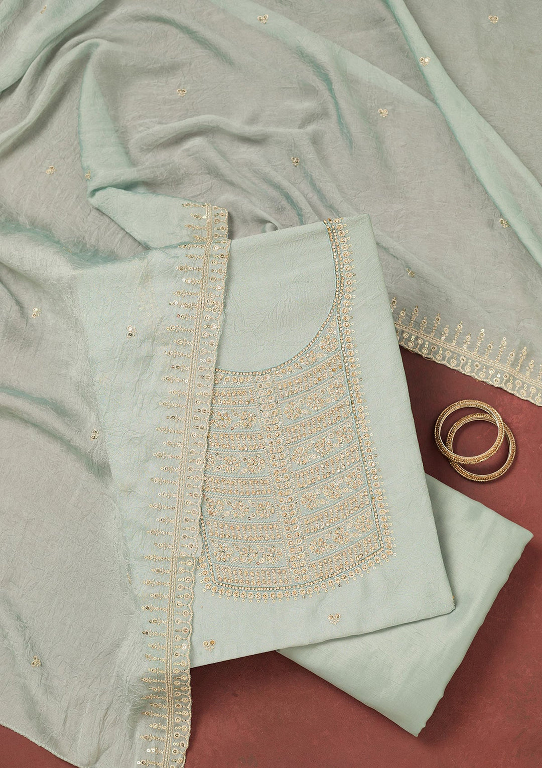 Light Grey Zariwork (Gold) Chinon Unstitched Salwar Suit-Koskii