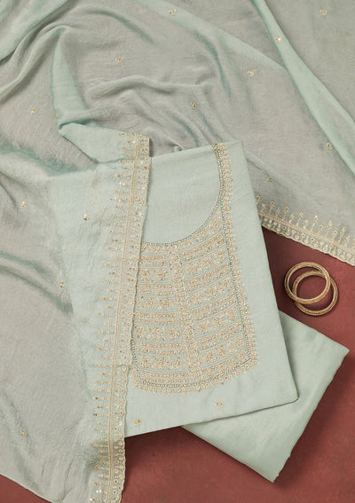 Light Grey Zariwork (Gold) Chinon Unstitched Salwar Suit-Koskii