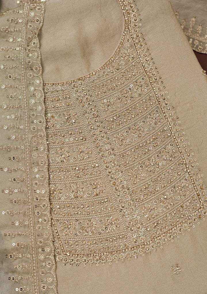 Pista Green Zariwork (Gold) Chinon Unstitched Salwar Suit-Koskii