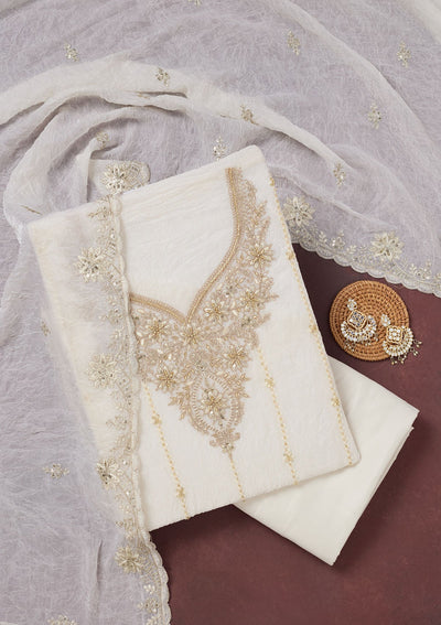Off White Zariwork (Gold) Chinon Unstitched Salwar Suit-Koskii