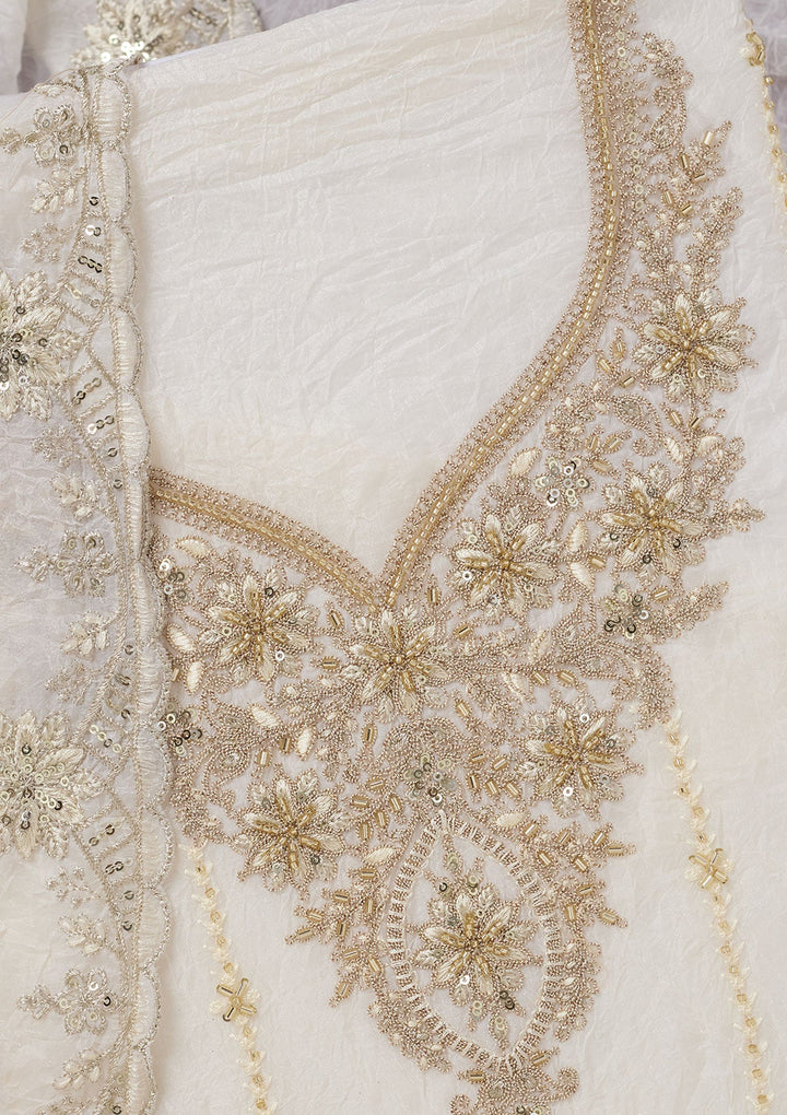 Off White Zariwork (Gold) Chinon Unstitched Salwar Suit-Koskii