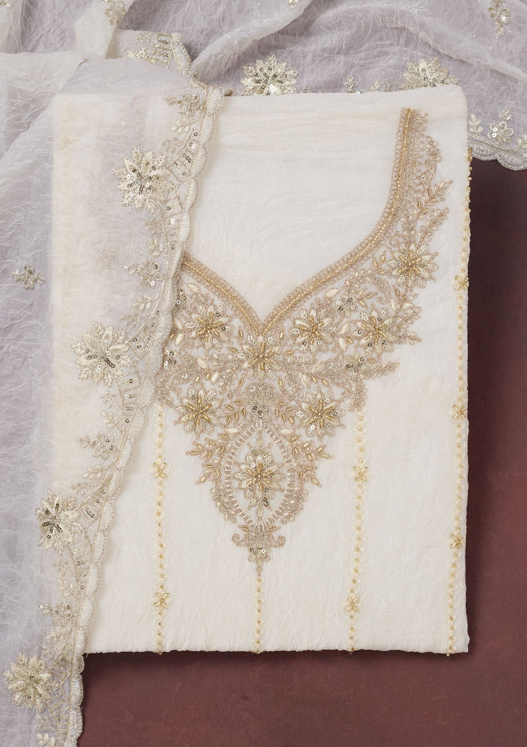 Off White Zariwork (Gold) Chinon Unstitched Salwar Suit-Koskii