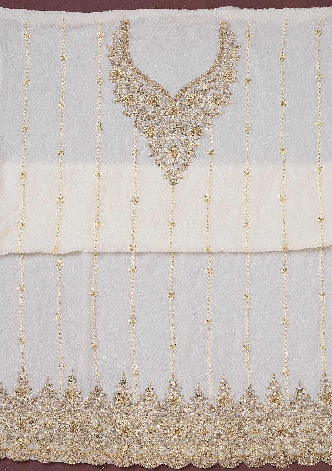 Off White Zariwork (Gold) Chinon Unstitched Salwar Suit-Koskii