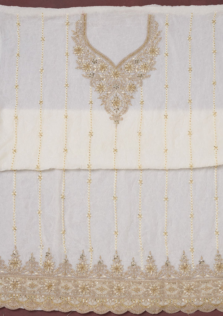 Off White Zariwork (Gold) Chinon Unstitched Salwar Suit-Koskii