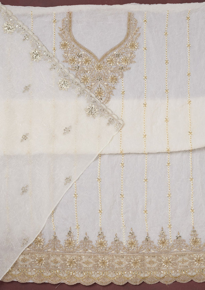 Off White Zariwork (Gold) Chinon Unstitched Salwar Suit-Koskii