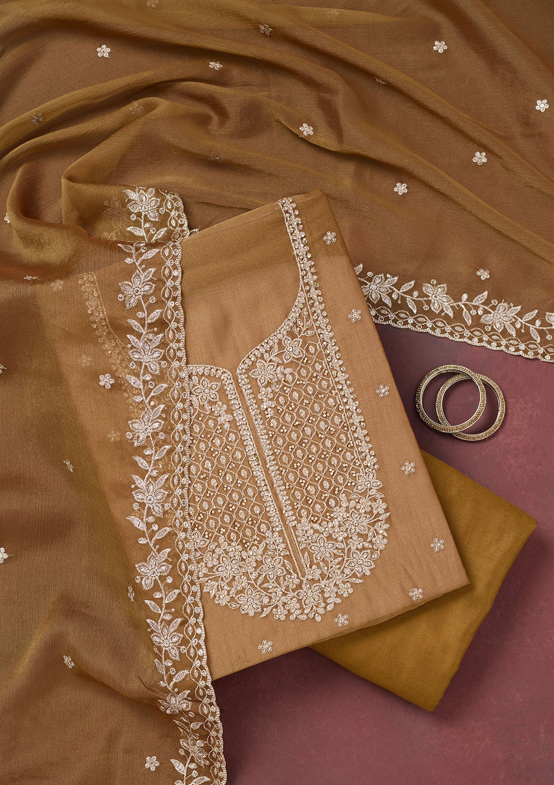 Light Brown Zariwork (Gold) Chinon Unstitched Salwar Suit-Koskii