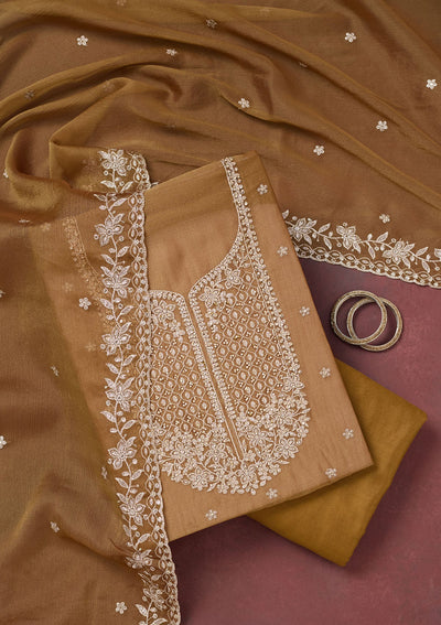 Light Brown Zariwork (Gold) Chinon Unstitched Salwar Suit-Koskii