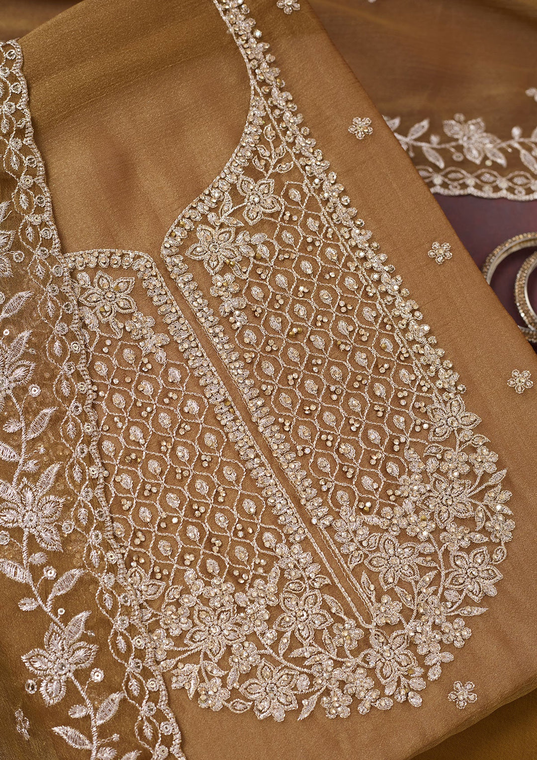 Light Brown Zariwork (Gold) Chinon Unstitched Salwar Suit-Koskii