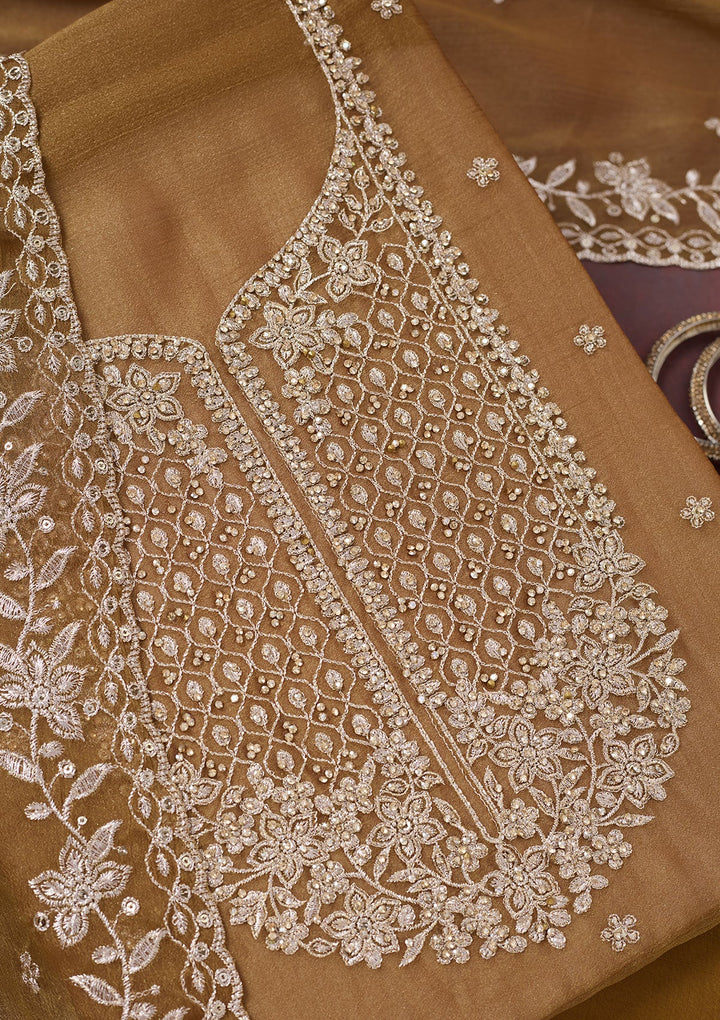 Light Brown Zariwork (Gold) Chinon Unstitched Salwar Suit-Koskii