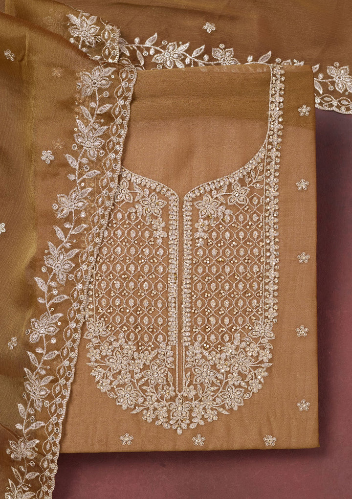 Light Brown Zariwork (Gold) Chinon Unstitched Salwar Suit-Koskii