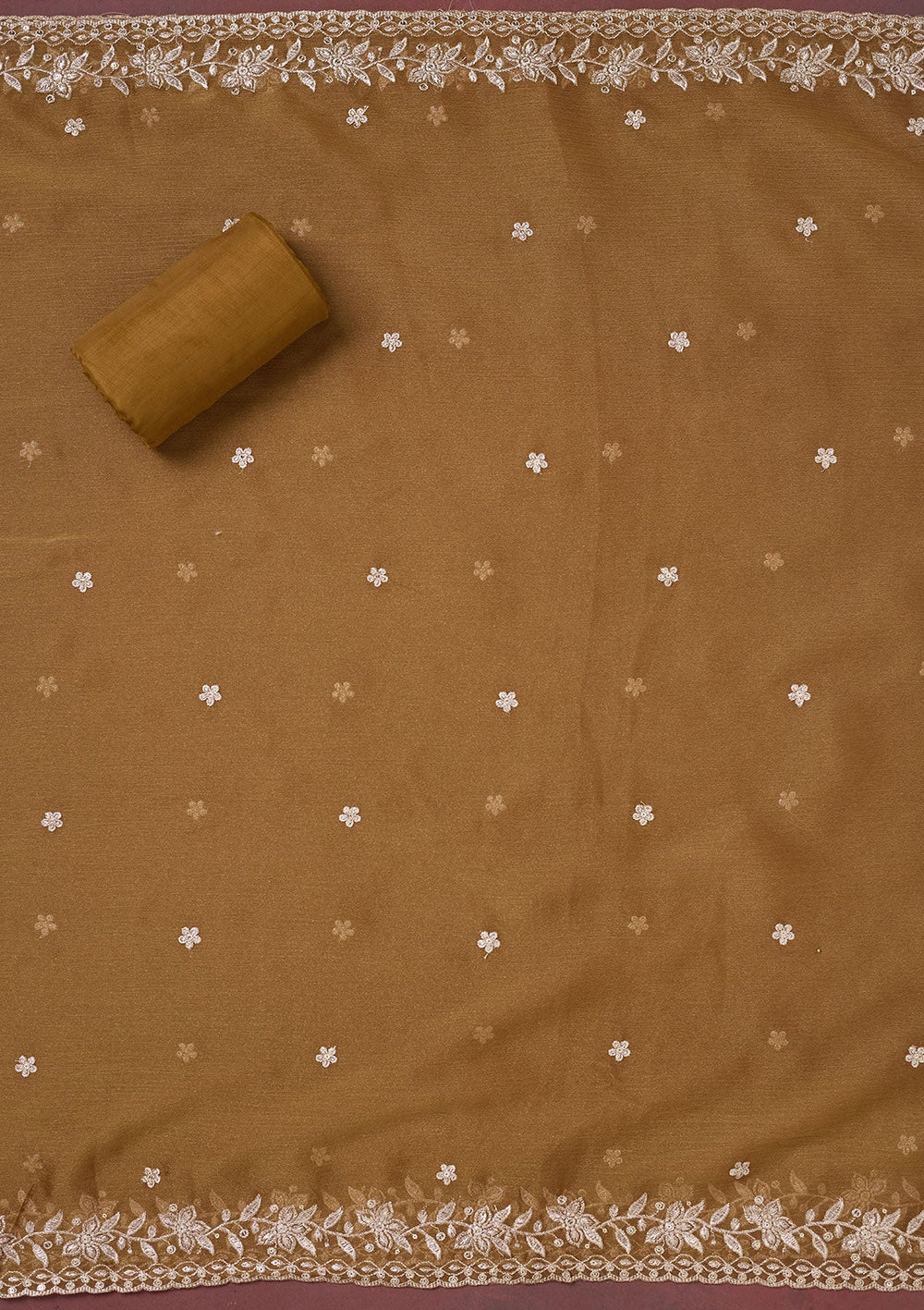 Light Brown Zariwork (Gold) Chinon Unstitched Salwar Suit-Koskii