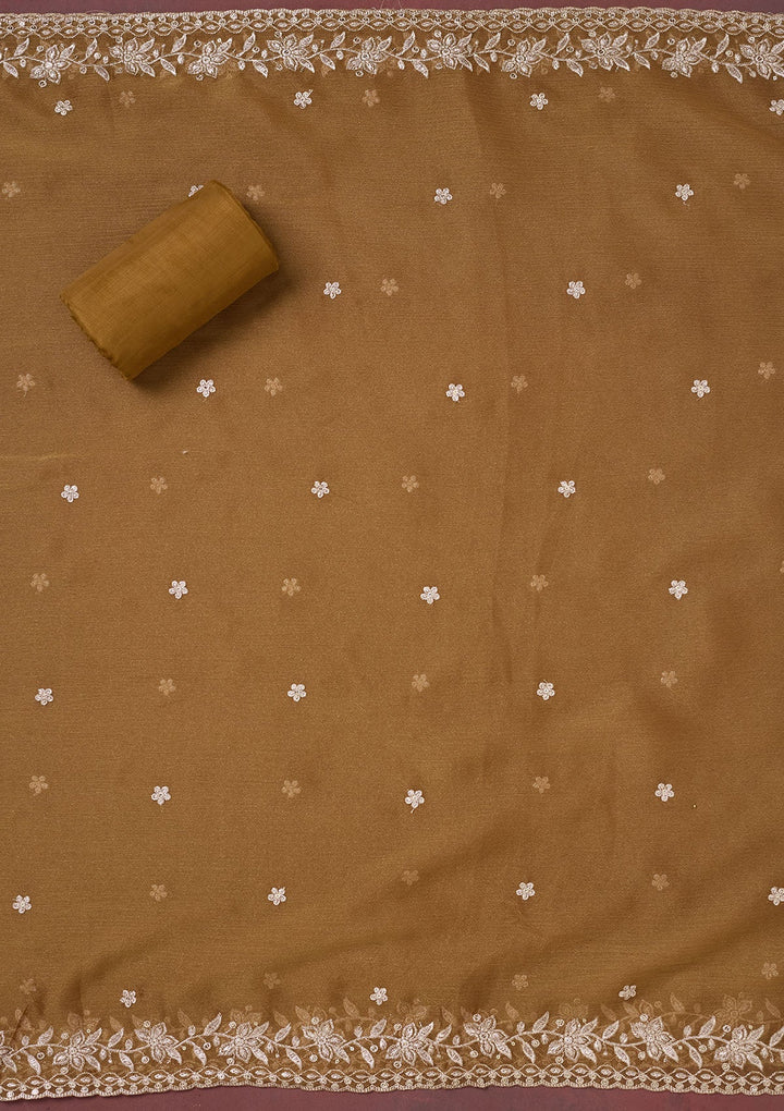 Light Brown Zariwork (Gold) Chinon Unstitched Salwar Suit-Koskii