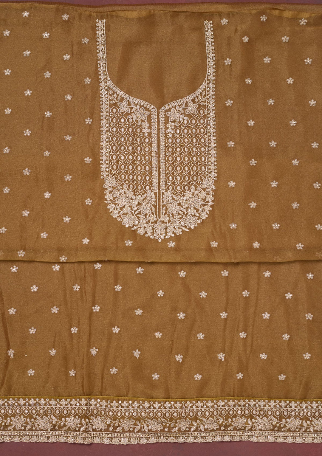 Light Brown Zariwork (Gold) Chinon Unstitched Salwar Suit-Koskii