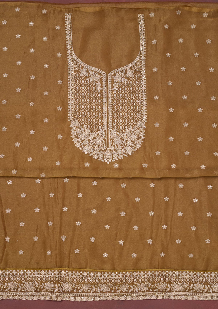 Light Brown Zariwork (Gold) Chinon Unstitched Salwar Suit-Koskii