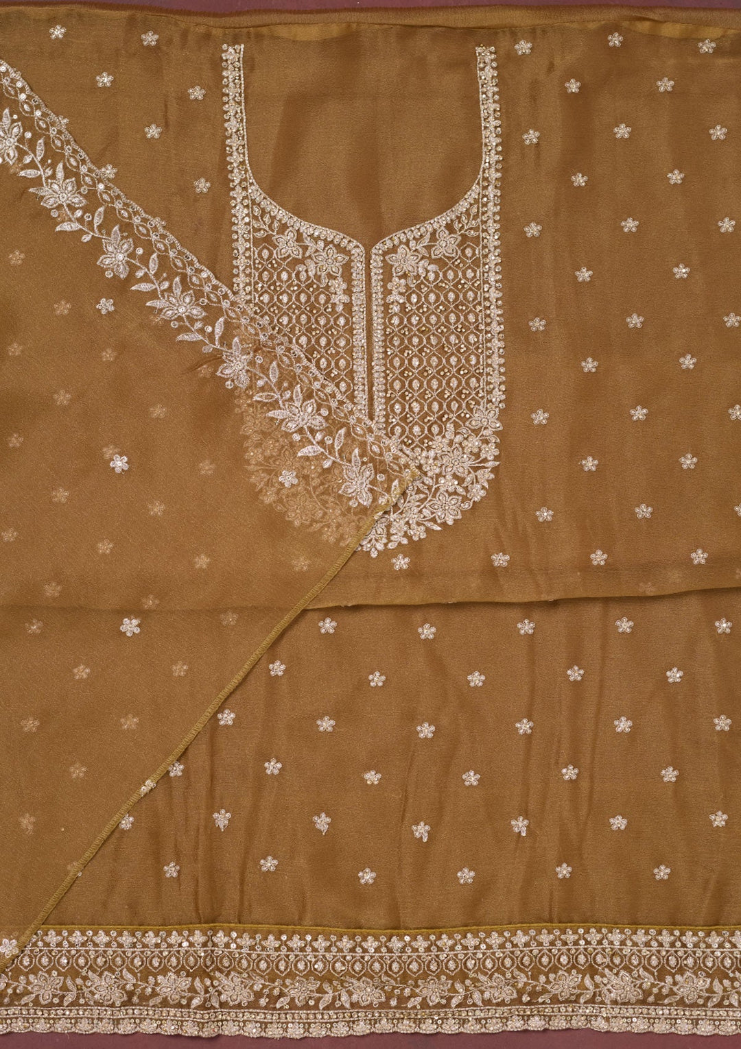 Light Brown Zariwork (Gold) Chinon Unstitched Salwar Suit-Koskii