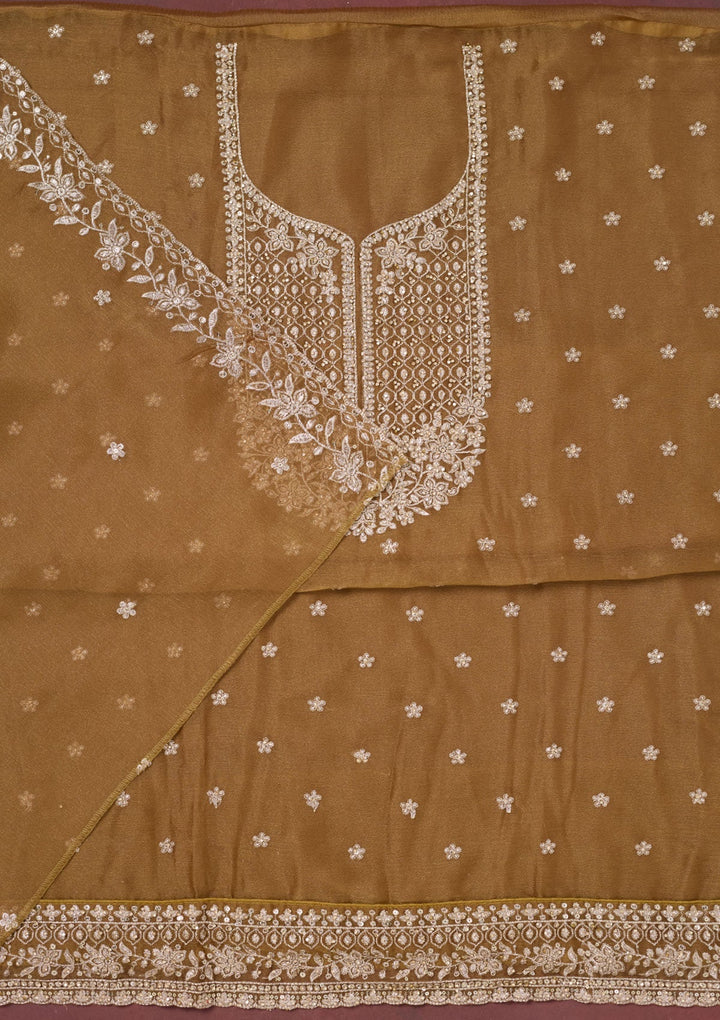 Light Brown Zariwork (Gold) Chinon Unstitched Salwar Suit-Koskii