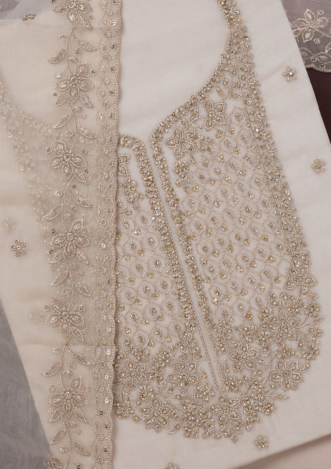 Off White Zariwork (Gold) Chinon Unstitched Salwar Suit-Koskii