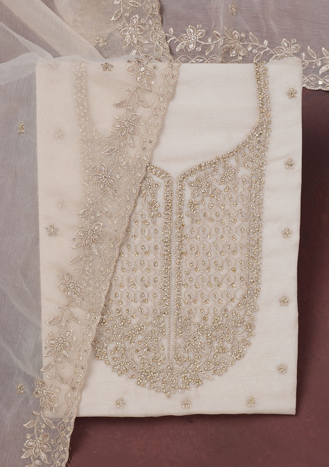 Off White Zariwork (Gold) Chinon Unstitched Salwar Suit-Koskii