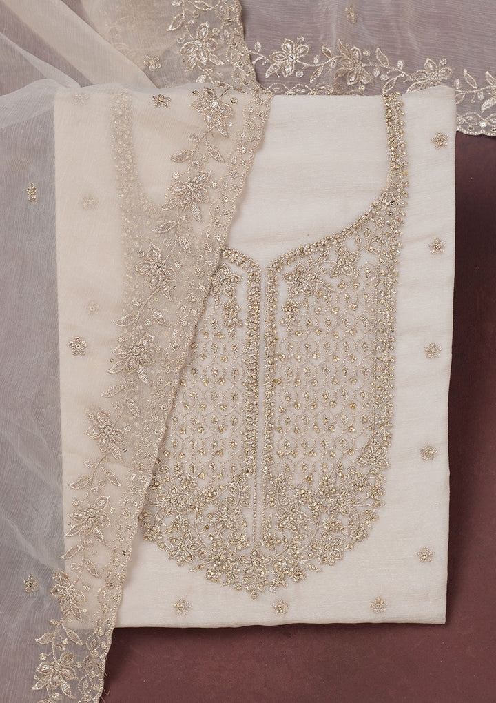 Off White Zariwork (Gold) Chinon Unstitched Salwar Suit-Koskii