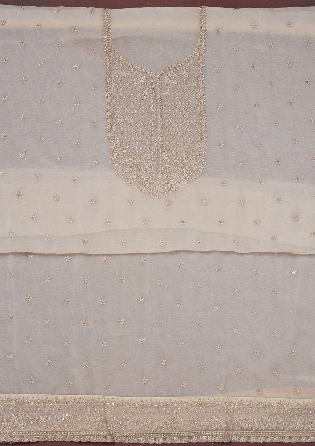 Off White Zariwork (Gold) Chinon Unstitched Salwar Suit-Koskii