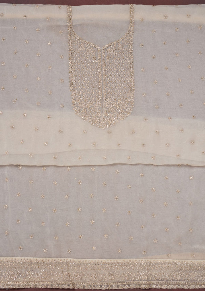 Off White Zariwork (Gold) Chinon Unstitched Salwar Suit-Koskii