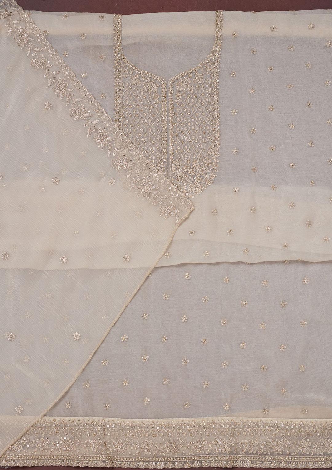 Off White Zariwork (Gold) Chinon Unstitched Salwar Suit-Koskii