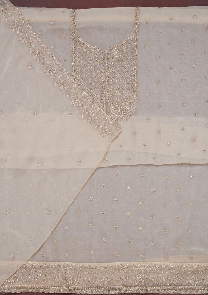 Off White Zariwork (Gold) Chinon Unstitched Salwar Suit-Koskii