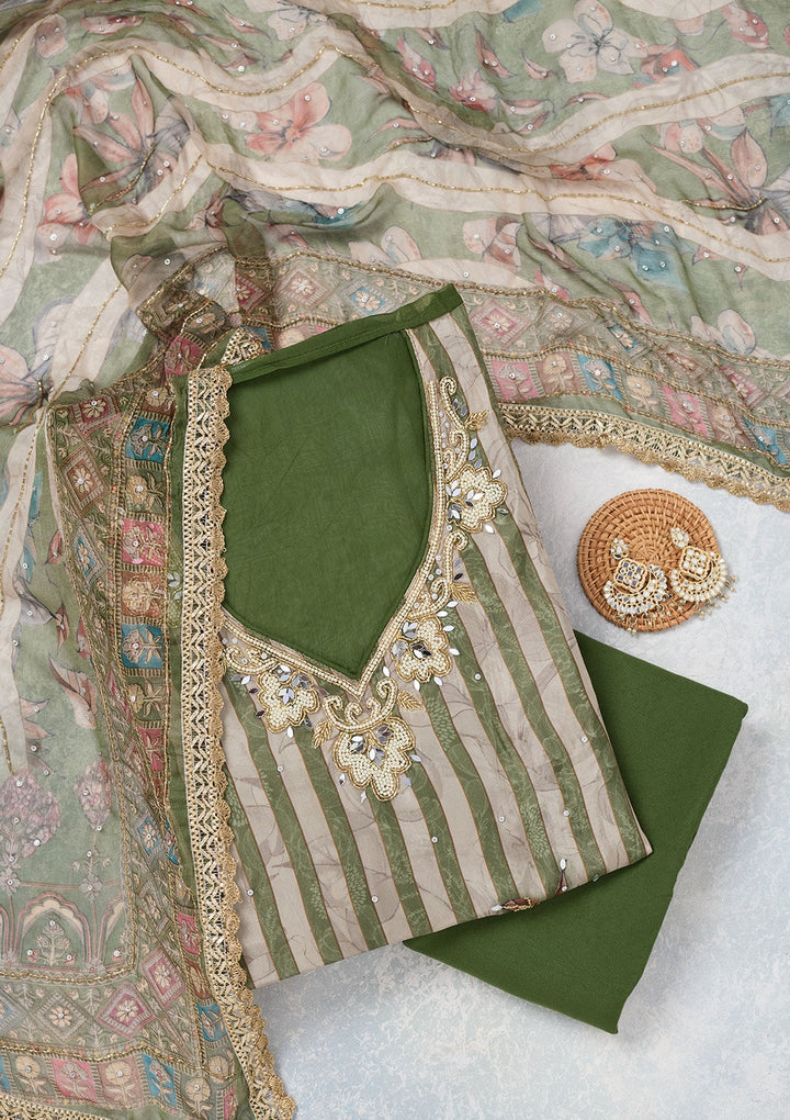 Leaf Green Cutdana Semi Crepe Unstitched Salwar Suit-Koskii