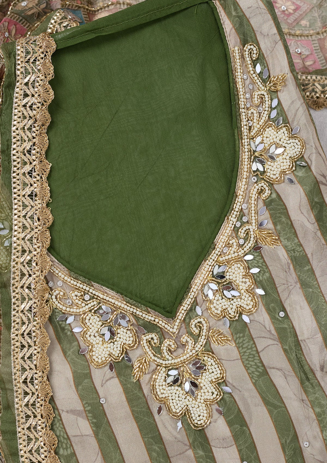 Leaf Green Cutdana Semi Crepe Unstitched Salwar Suit-Koskii