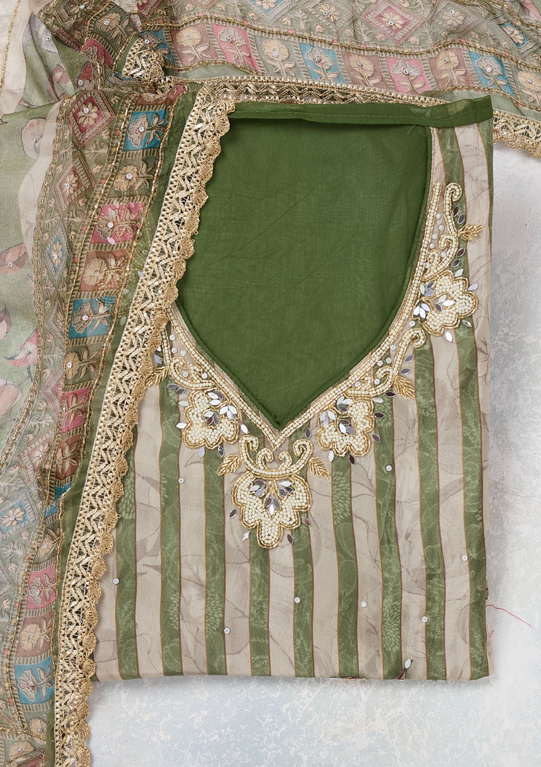 Leaf Green Cutdana Semi Crepe Unstitched Salwar Suit-Koskii
