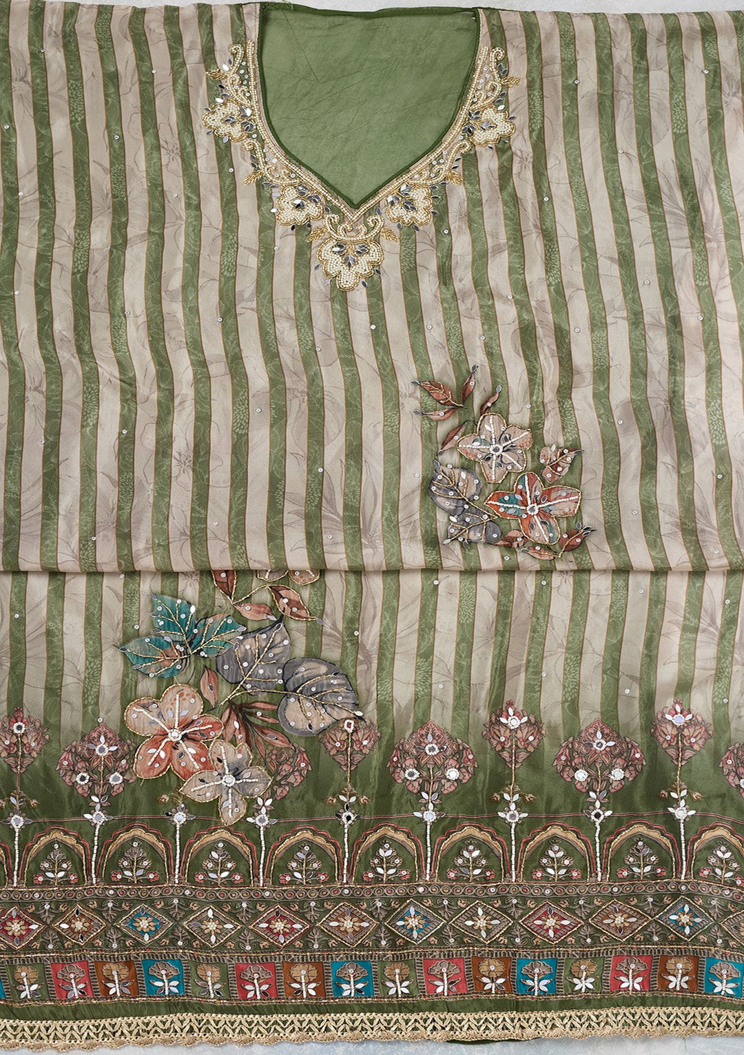 Leaf Green Cutdana Semi Crepe Unstitched Salwar Suit-Koskii