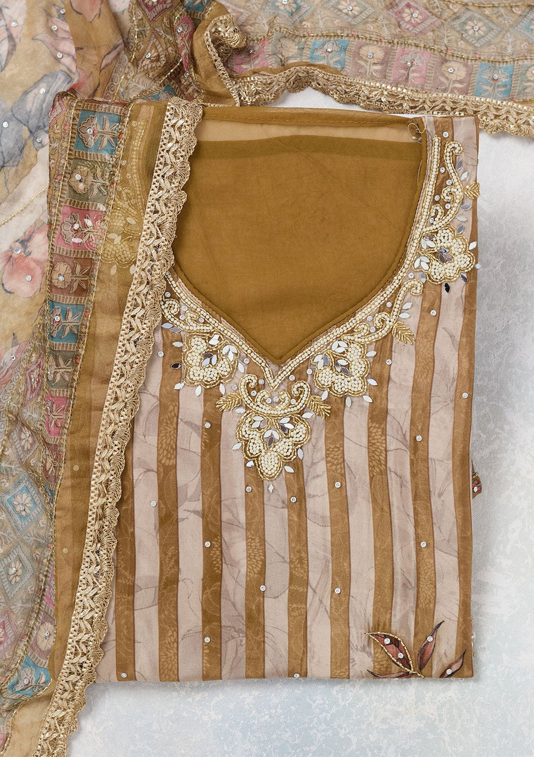 Mehendi Cutdana Semi Crepe Unstitched Salwar Suit-Koskii