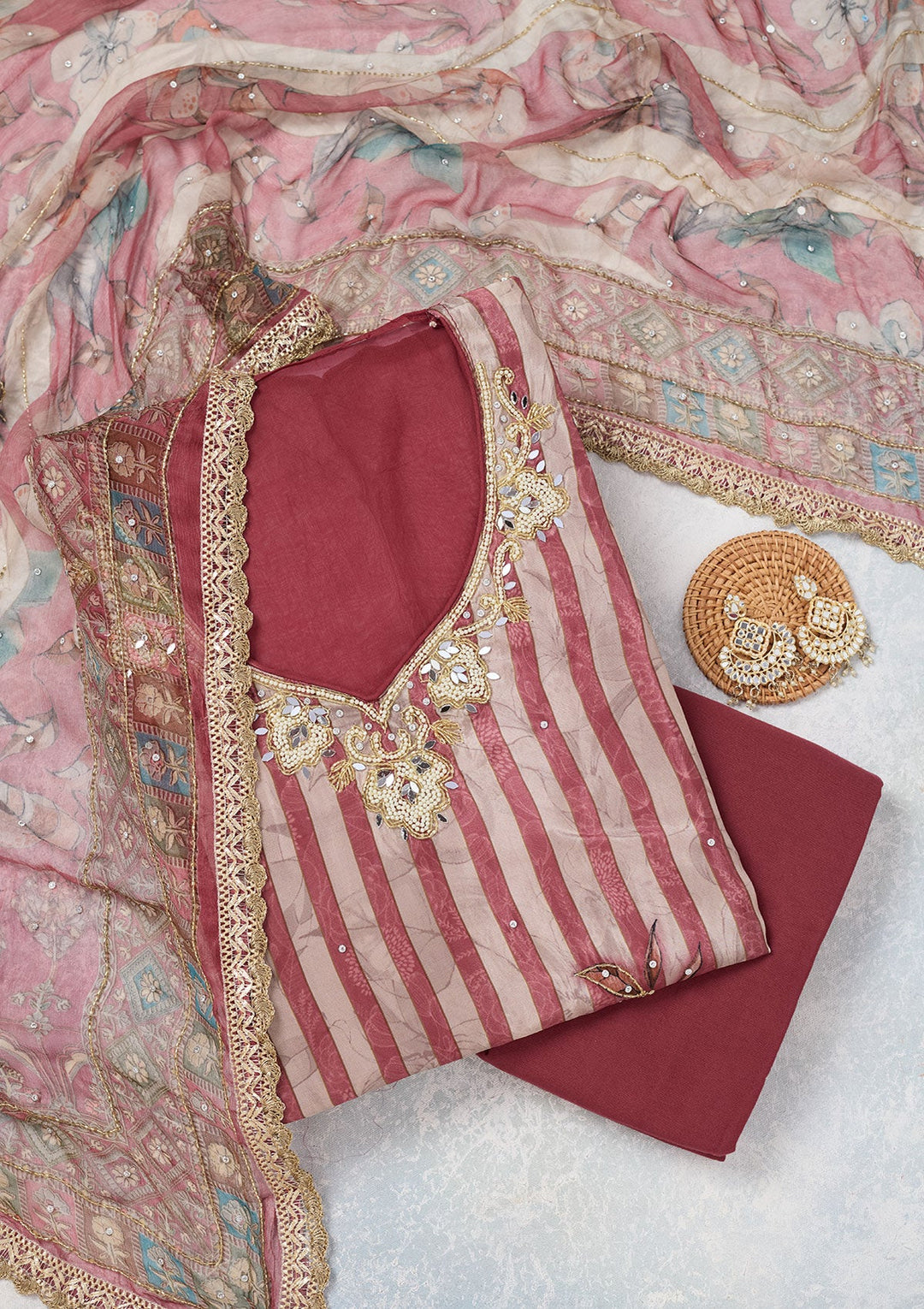 Onion Pink Cutdana Semi Crepe Unstitched Salwar Suit-Koskii