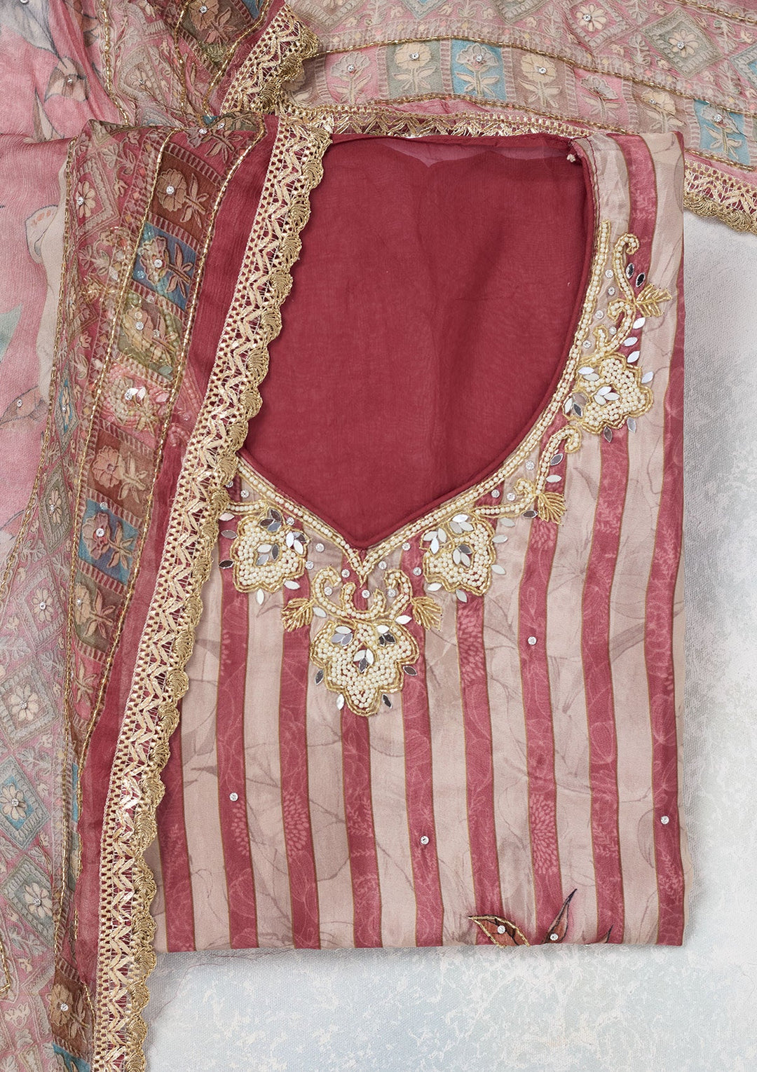 Onion Pink Cutdana Semi Crepe Unstitched Salwar Suit-Koskii