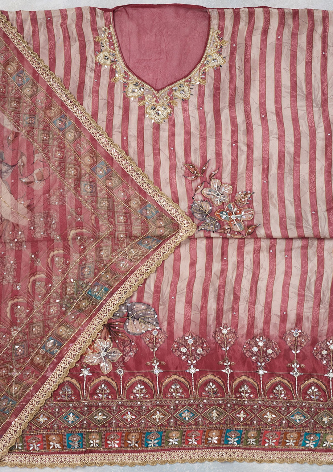 Onion Pink Cutdana Semi Crepe Unstitched Salwar Suit-Koskii