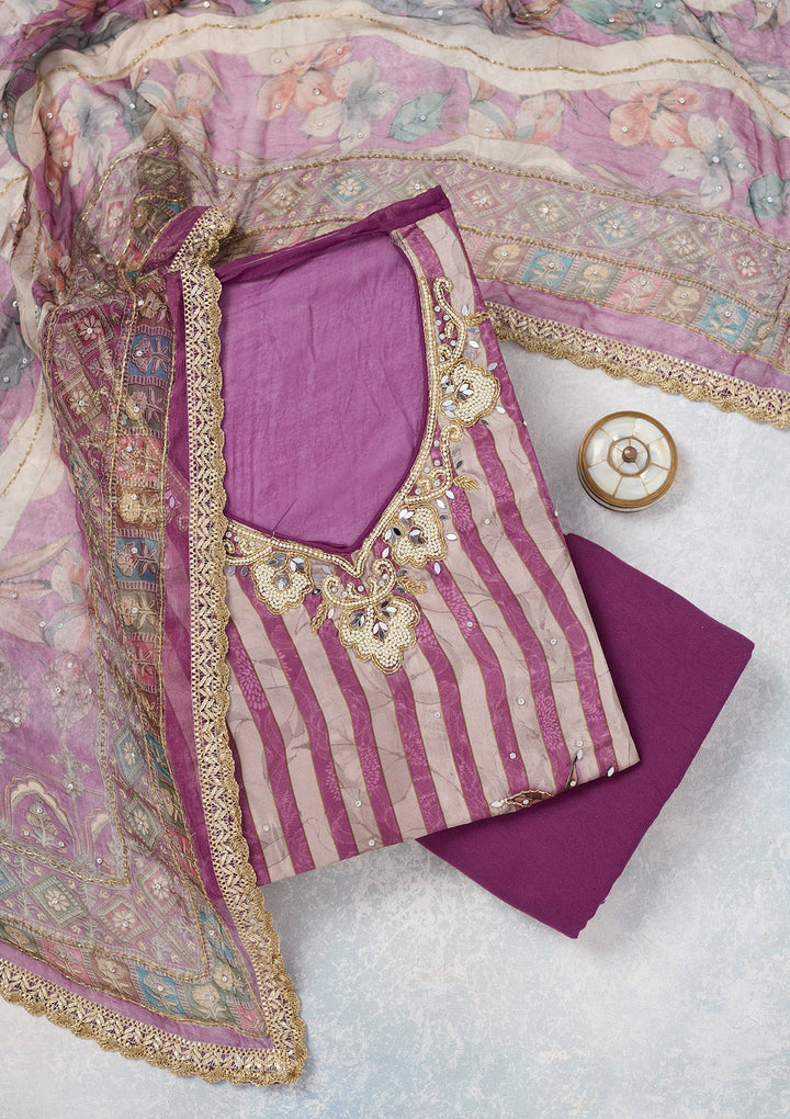 Purple Cutdana Semi Crepe Unstitched Salwar Suit-Koskii