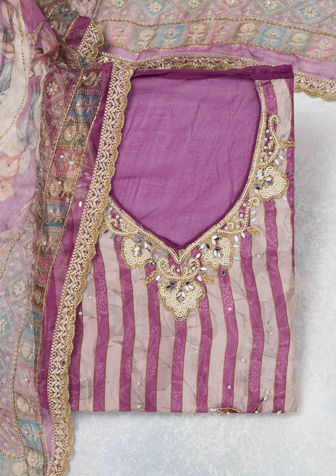 Purple Cutdana Semi Crepe Unstitched Salwar Suit-Koskii