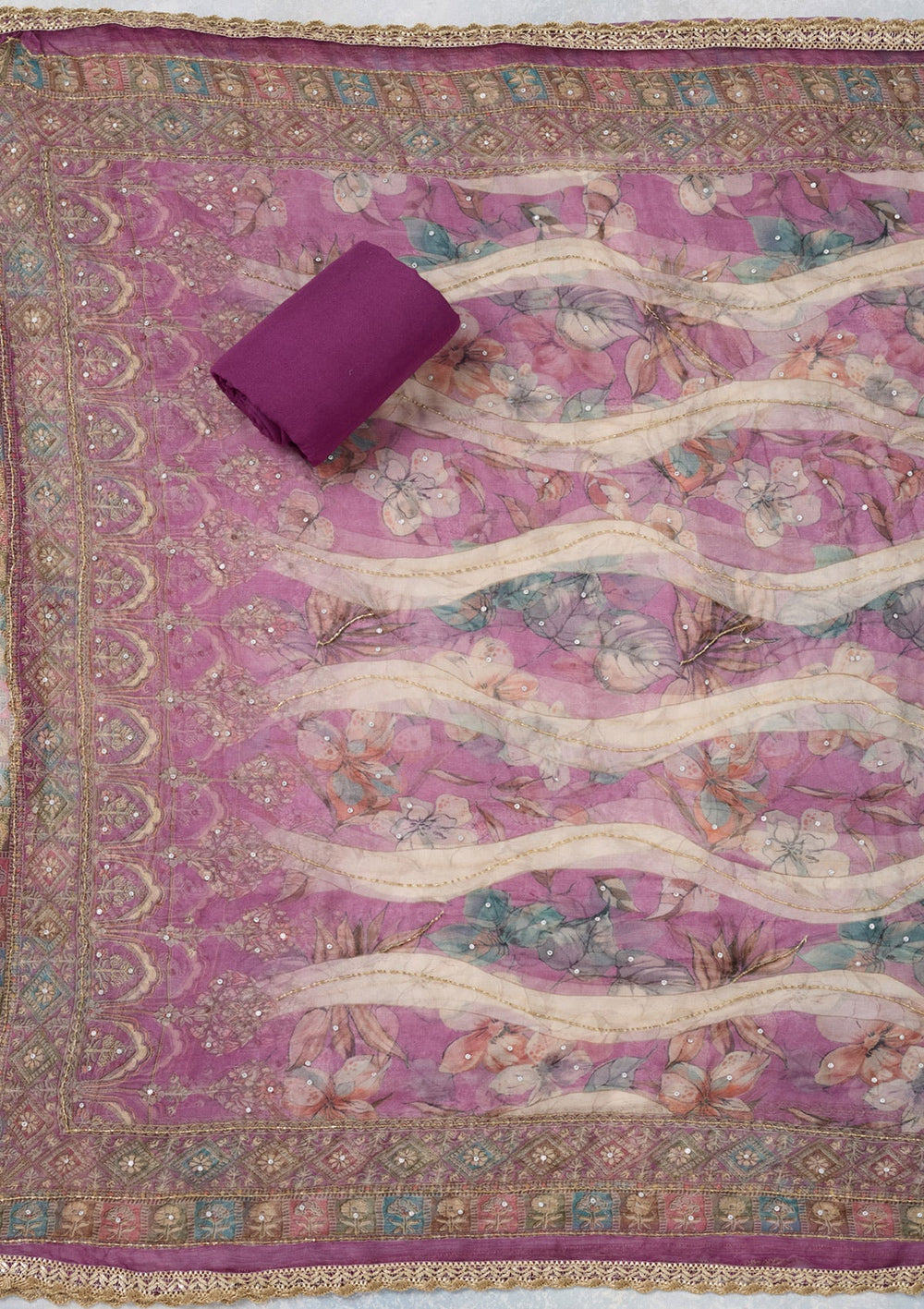 Purple Cutdana Semi Crepe Unstitched Salwar Suit-Koskii