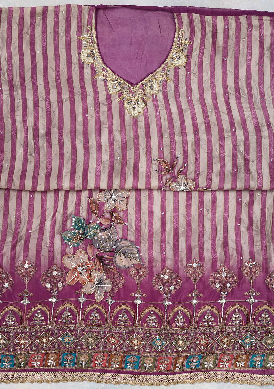 Purple Cutdana Semi Crepe Unstitched Salwar Suit-Koskii