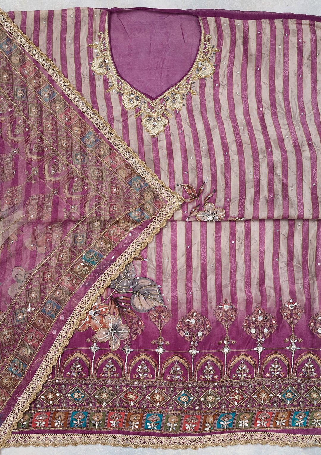 Purple Cutdana Semi Crepe Unstitched Salwar Suit-Koskii
