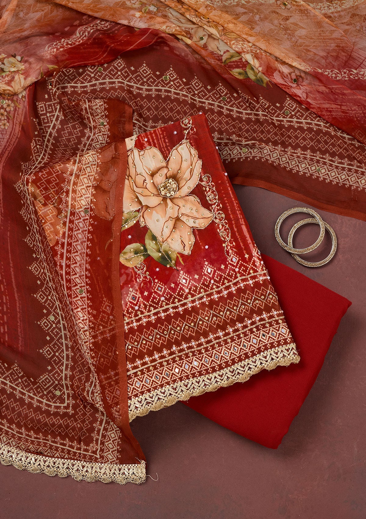 Maroon Cutdana Semi Crepe Unstitched Salwar Suit-Koskii