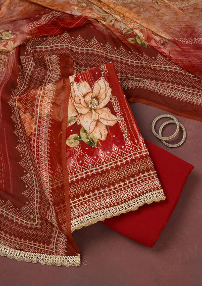 Maroon Cutdana Semi Crepe Unstitched Salwar Suit-Koskii