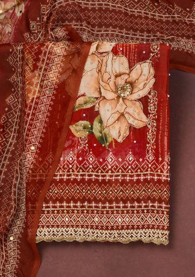 Maroon Cutdana Semi Crepe Unstitched Salwar Suit-Koskii