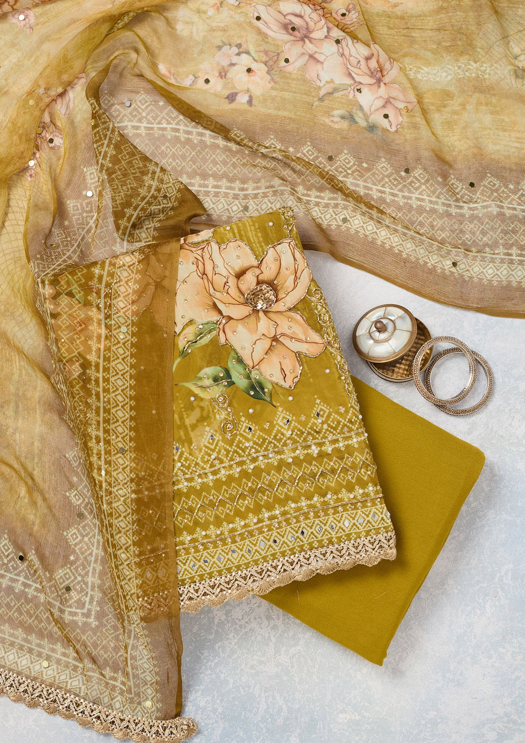 Mustard Cutdana Semi Crepe Unstitched Salwar Suit-Koskii