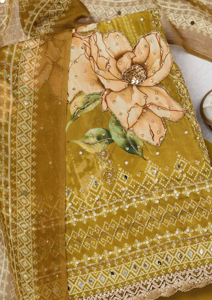 Mustard Cutdana Semi Crepe Unstitched Salwar Suit-Koskii