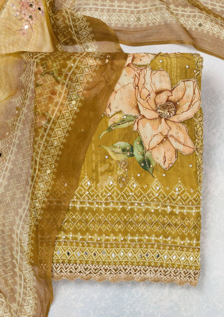 Mustard Cutdana Semi Crepe Unstitched Salwar Suit-Koskii