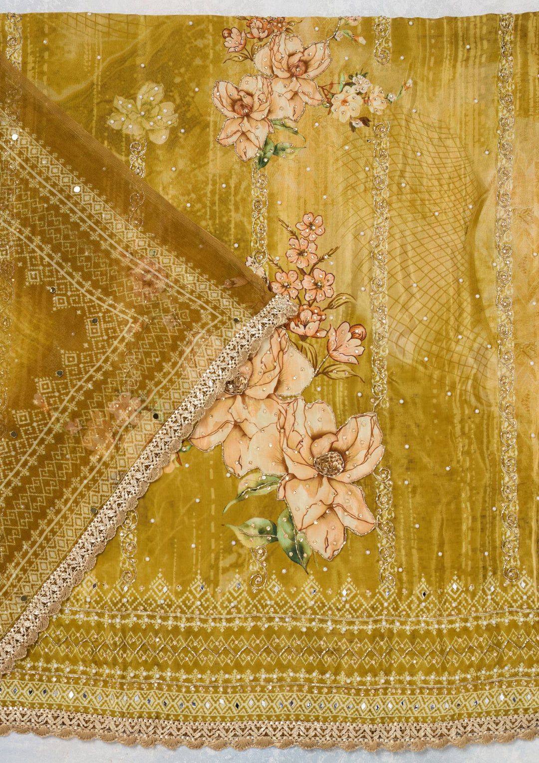 Mustard Cutdana Semi Crepe Unstitched Salwar Suit-Koskii